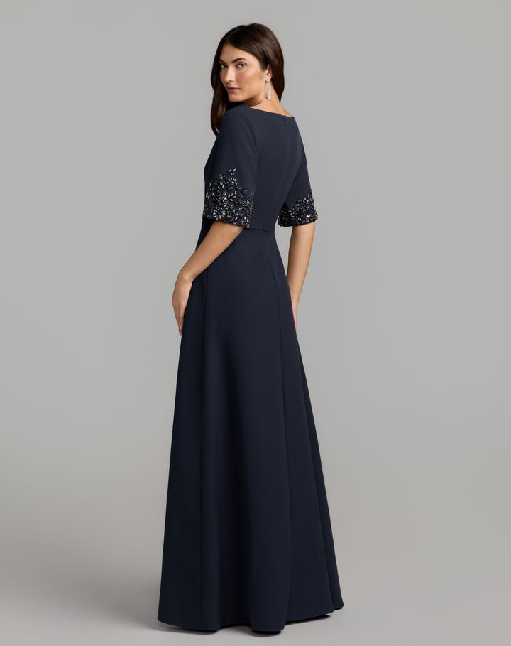 Mac Duggal 2438 A-Line Crepe Gown With Beaded Sleeves