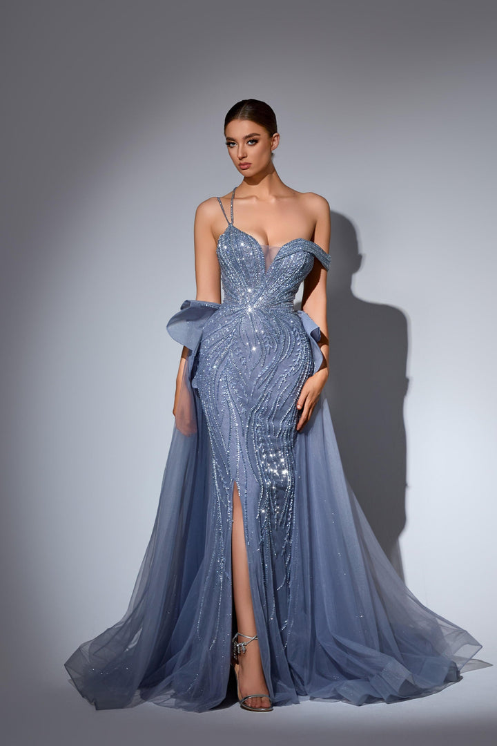 Delilah HM202 Asymmetric Plunging Beaded Mermaid Gown with Ruffled Overskirt and Slit - P.Blue front view