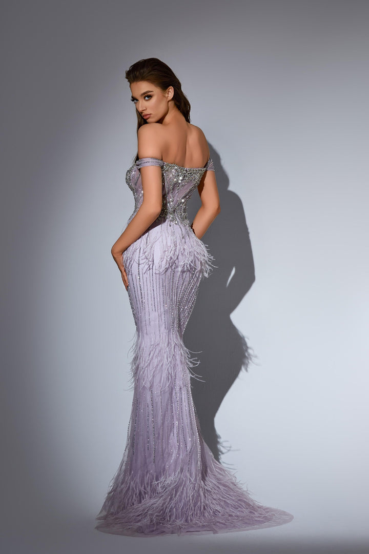 Delilah LD11442 Sweetheart Beaded Corset Mermaid Gown with Feather Skirt - Purple back view