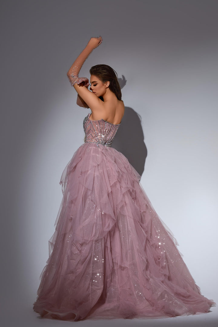 Delilah LD11481 Strapless Sweetheart Beaded Corset Sheath Gown with Ruffled Sparkle Overskirt - Pink back view