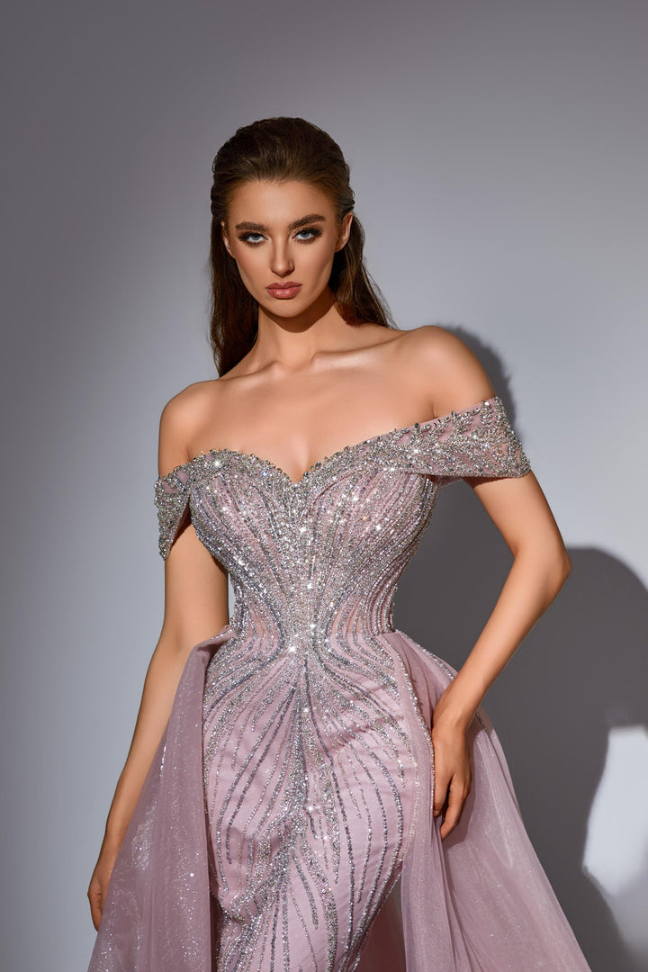 Delilah LD11416 Off-the-Shoulder Beaded Corset Mermaid Gown with Sparkle Overskirt - Pink close-up view