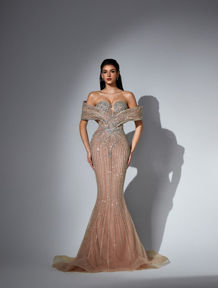 Delilah LD11591 Off-the-Shoulder Folded Band Sweetheart Beaded Corset Mermaid Gown - Champagne front view