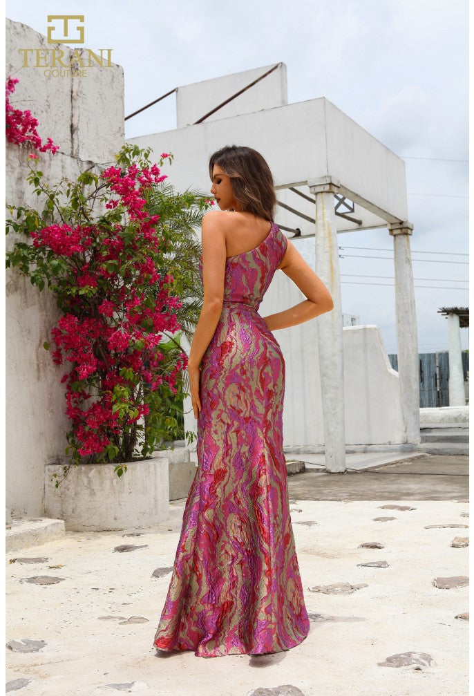 Terani Couture 251e4254-lavA jacuard-assyemtric-long-sheath-dress Fuchsia / 4