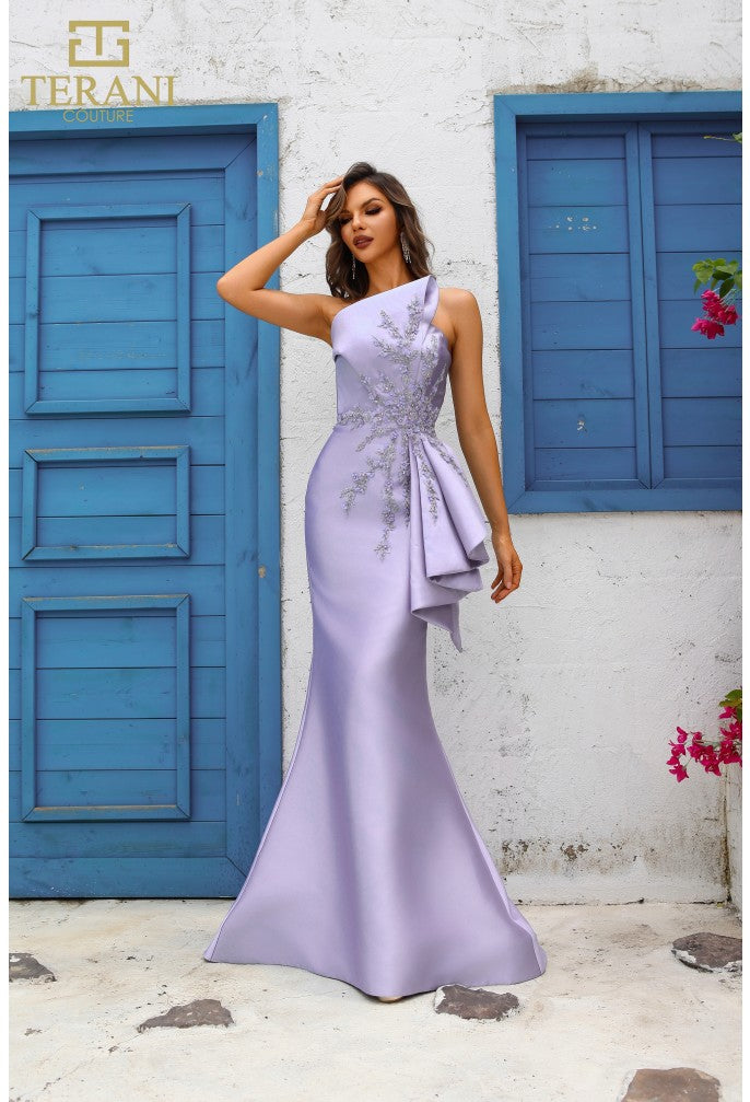 Terani Couture 251E4265 Sophisticated Evening Strapless Lace Long Formal Mikado Dress - Lavender / 4 Terani Couture 251E4265 Sophisticated Evening Strapless Lace Long Formal Mikado Dress - Lavender / 4