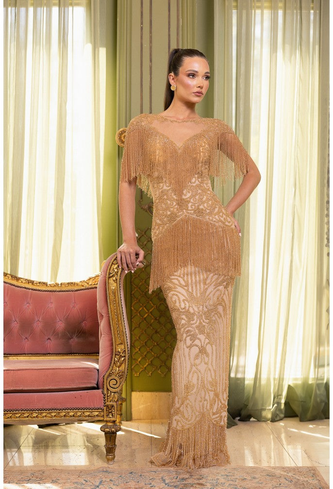 green emerald velvet dress Terani 261GL6366 Beaded Tulle Sheath Gown with Spaghetti Straps Blush / 2 main image 0