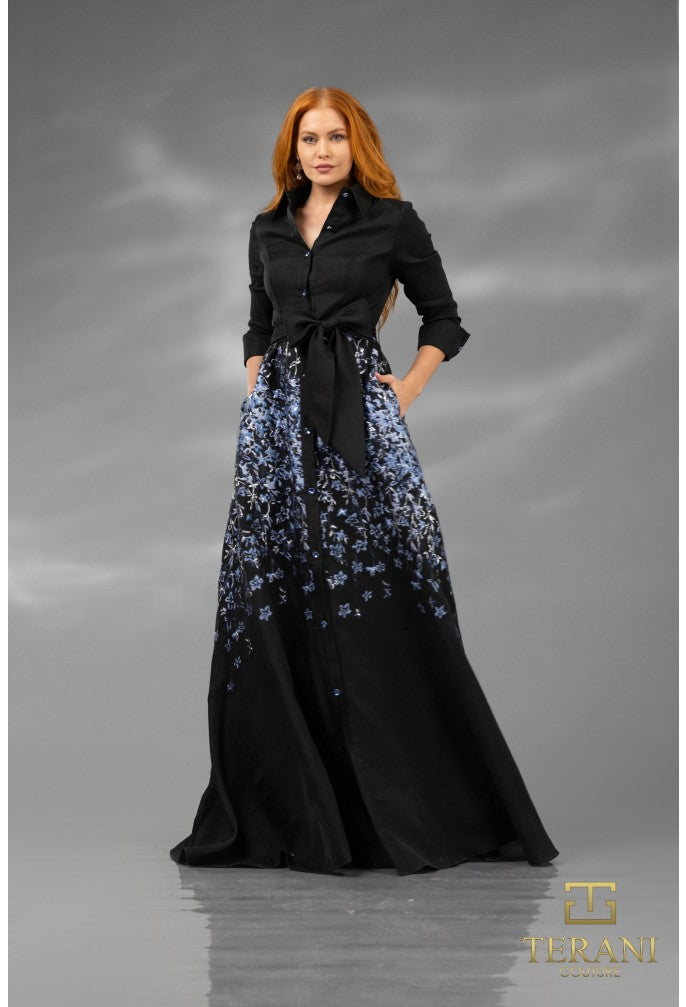 Terani Couture Jacquard Floral Ombre 34 Sleeve Long Shirt Maxi Mother of the Bride Dress, Womens, 4, Black Blue