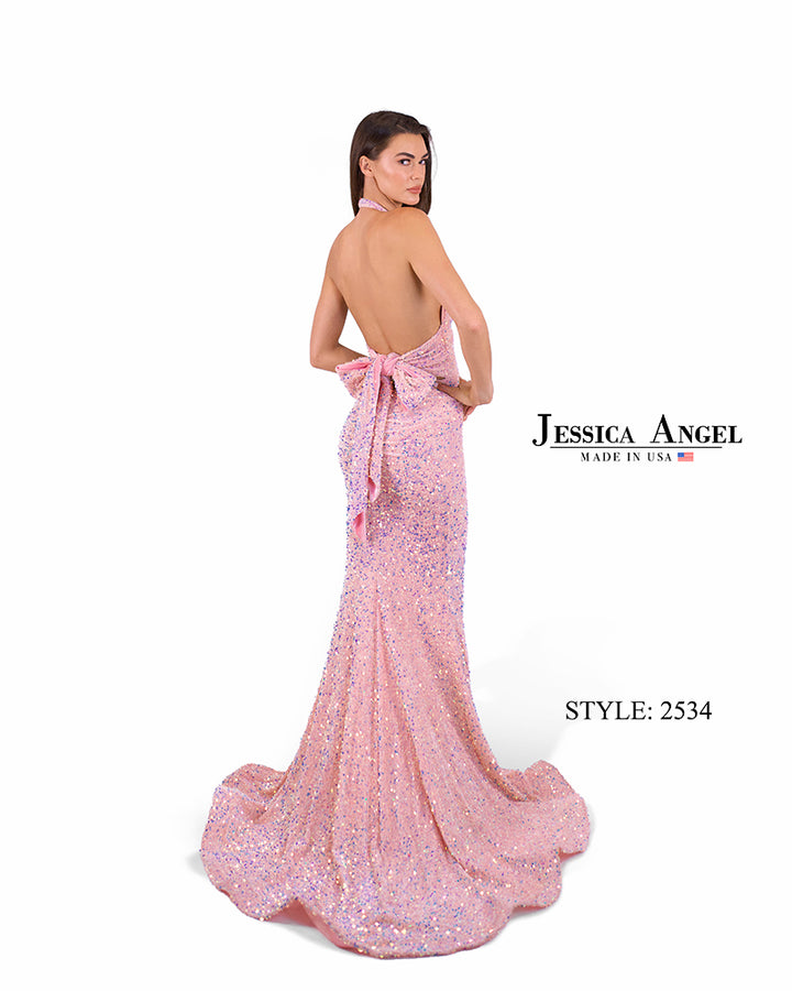 Jessica Angel 2534 bow back sequin gown back view