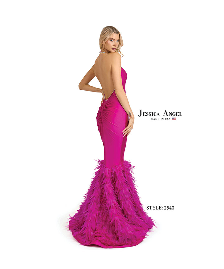 Jessica Angel 2540 low back feather mermaid gown back view