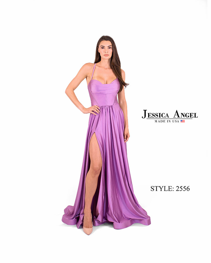 Jessica Angel 2556 a-line gown with slit front view 2