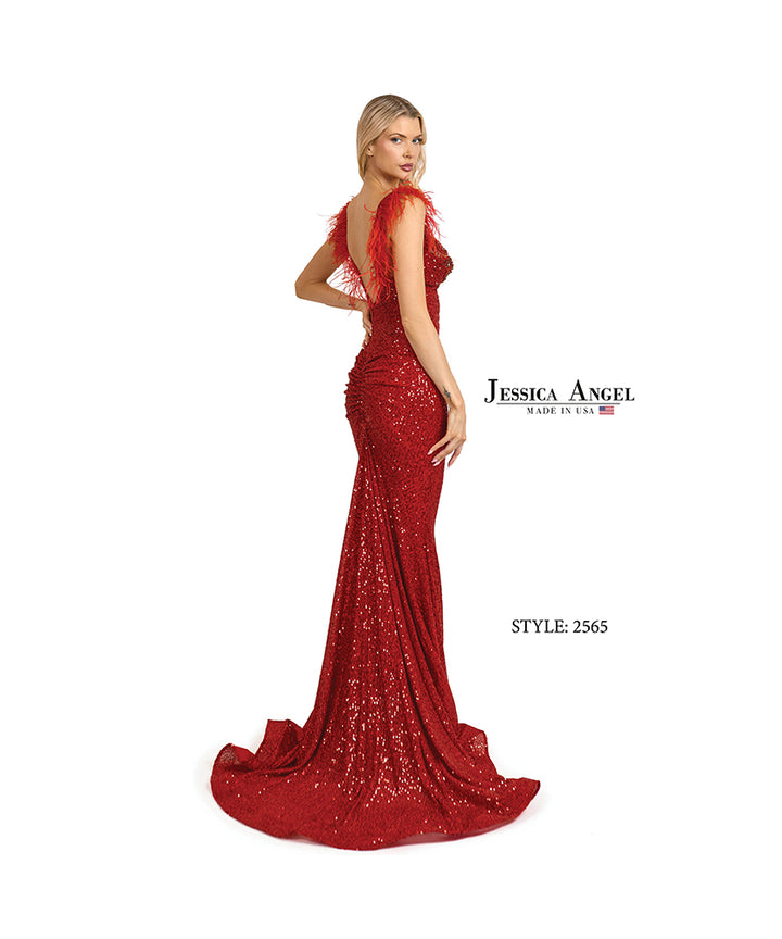 Jessica Angel 2565 feather strap open back gown back view