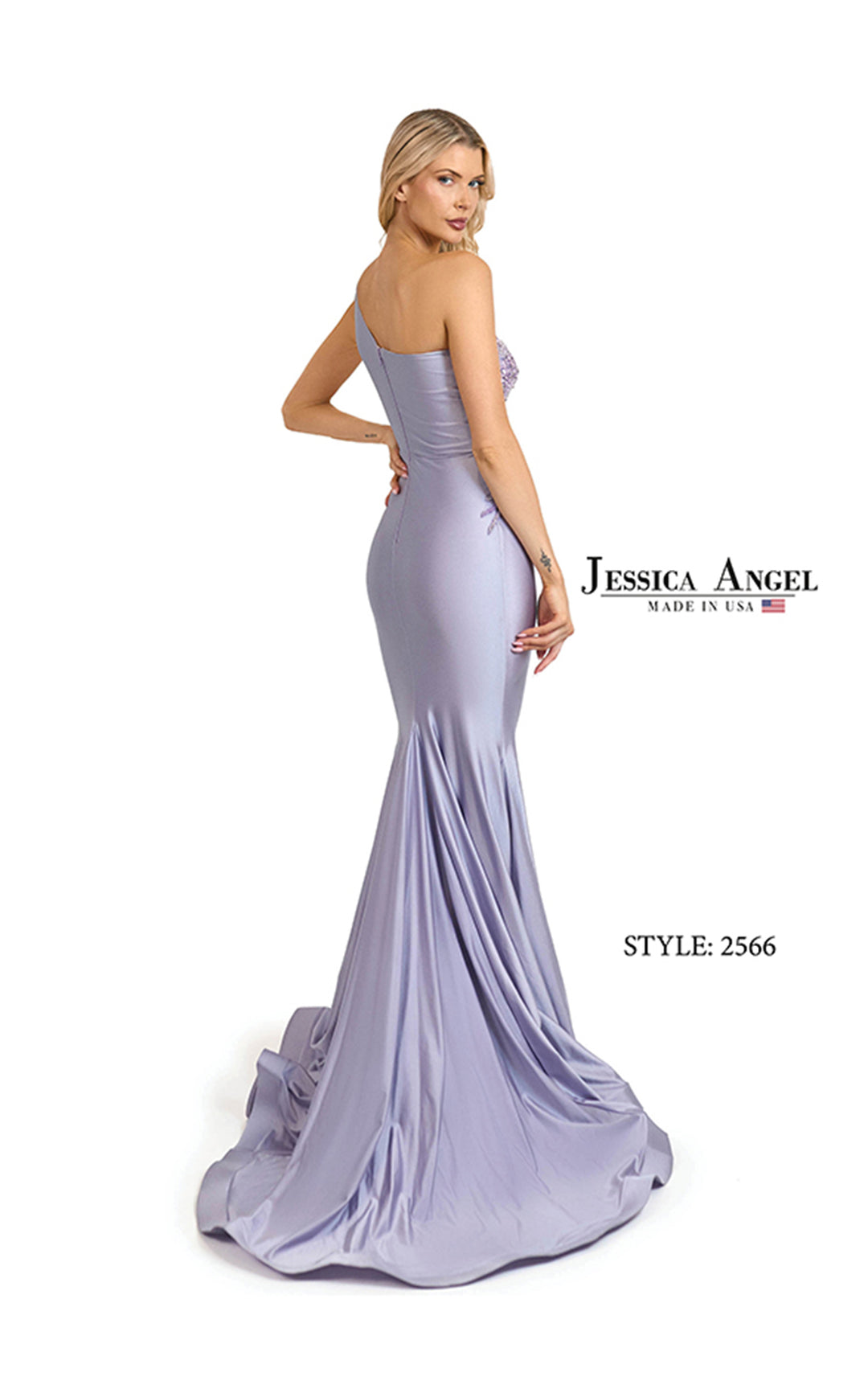 Jessica Angel 2566 one shoulder jersey gown back view