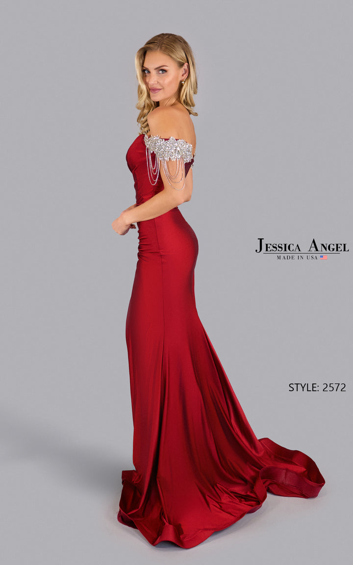 Jessica Angel 2572 off shoulder crystal sleeve jersey gown alternate view 2