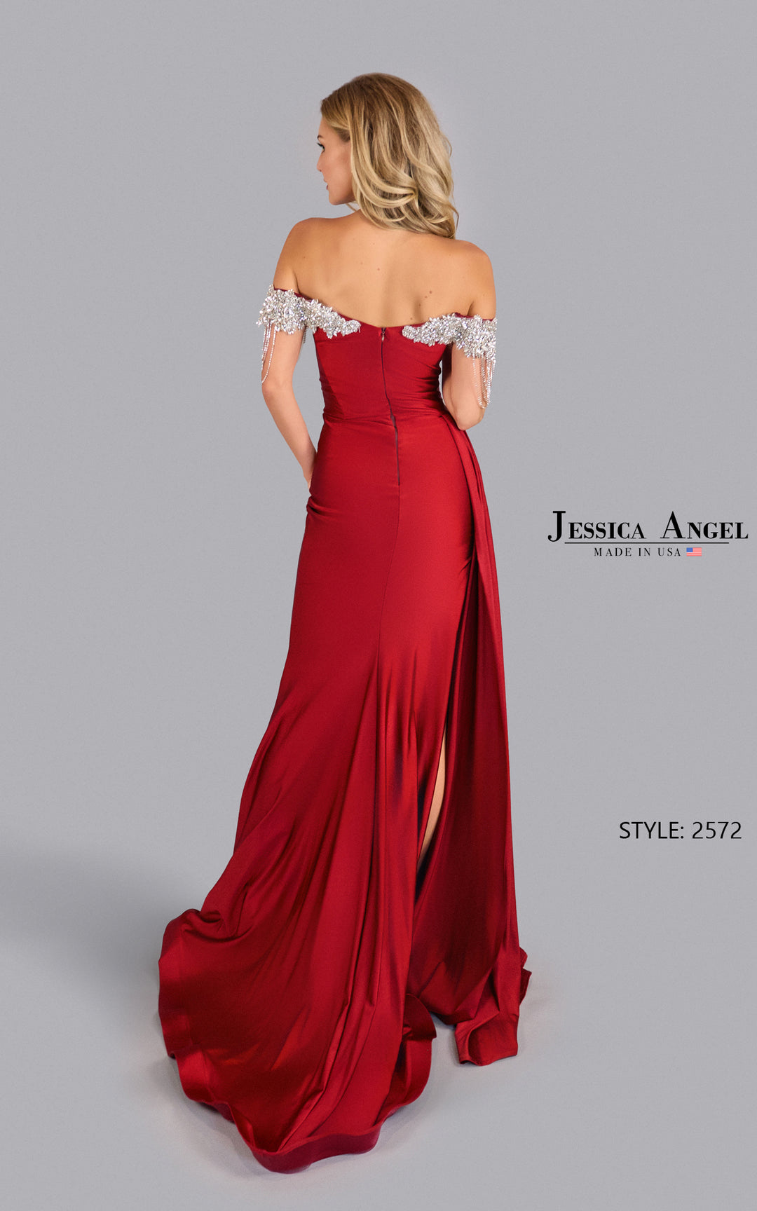 Jessica Angel 2572 off shoulder crystal sleeve jersey gown back view