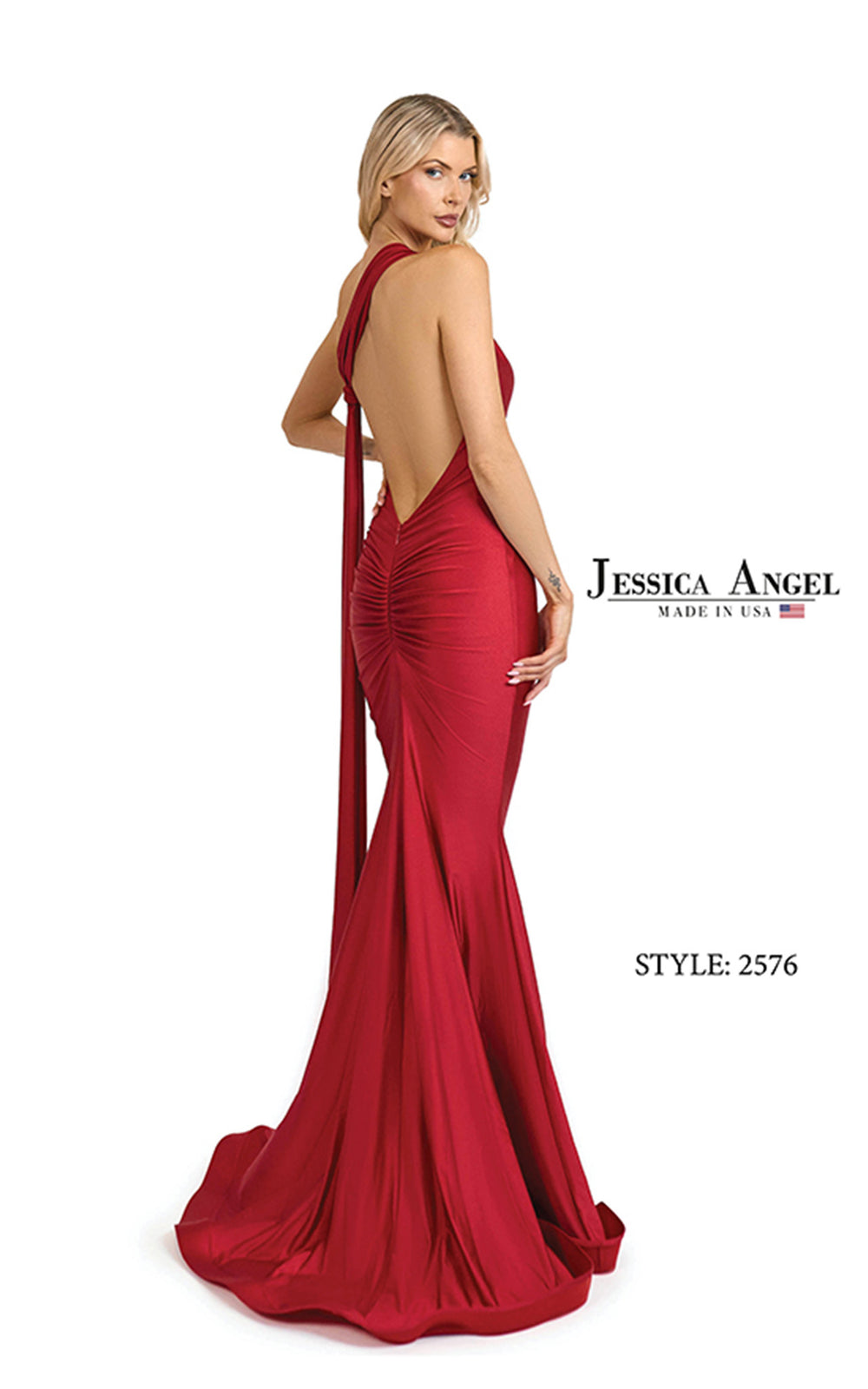 Jessica Angel 2576 one shoulder jersey mermaid gown back view