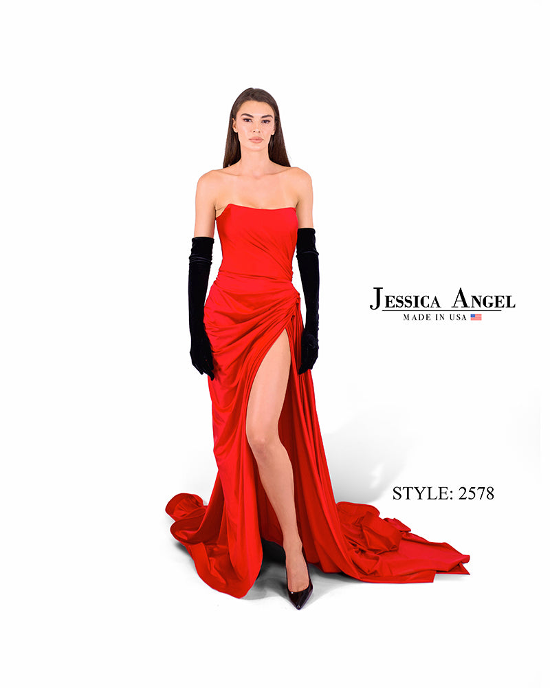 Jessica Angel 2578 strapless jersey gown with gloves back view