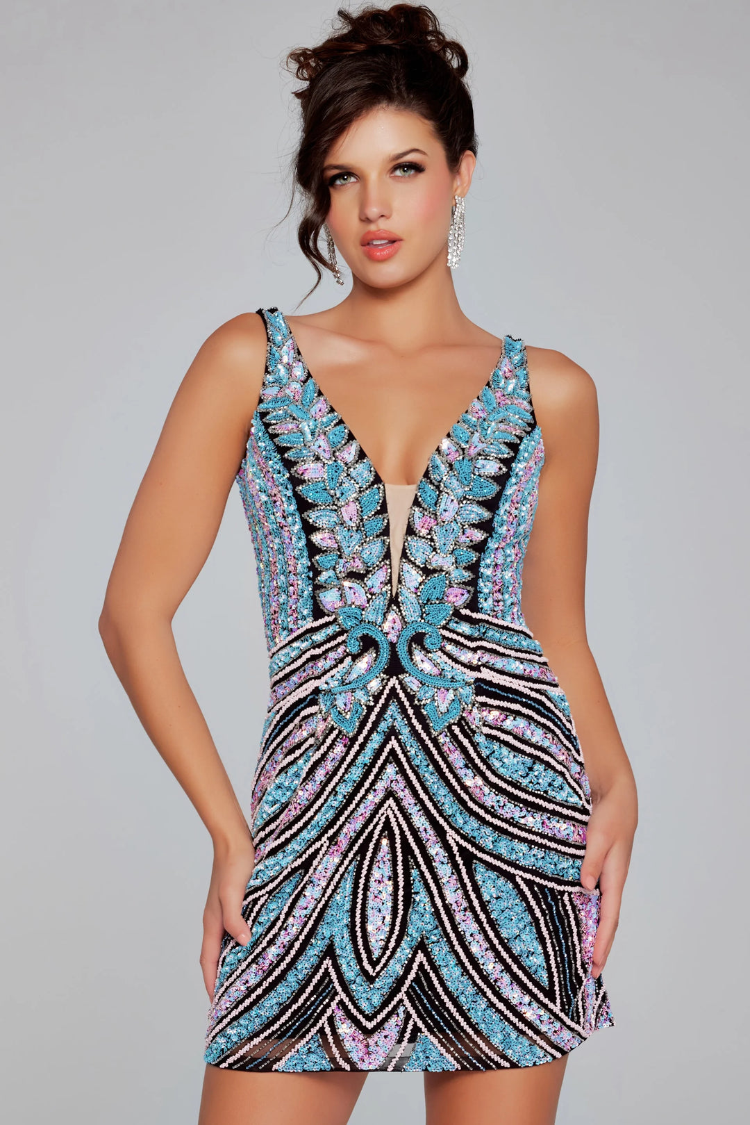 Jovani 25925 Sequin Embellished Deep V Neck Mini Dress - FOSTANI.com