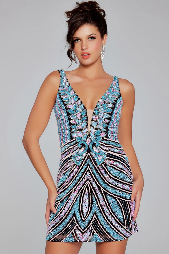 Jovani 25925 Sequin Embellished Deep V Neck Mini Dress - FOSTANI.com