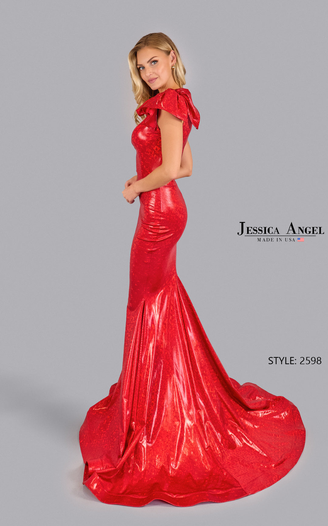 Jessica Angel 2598 ruffle shoulder mermaid gown side view