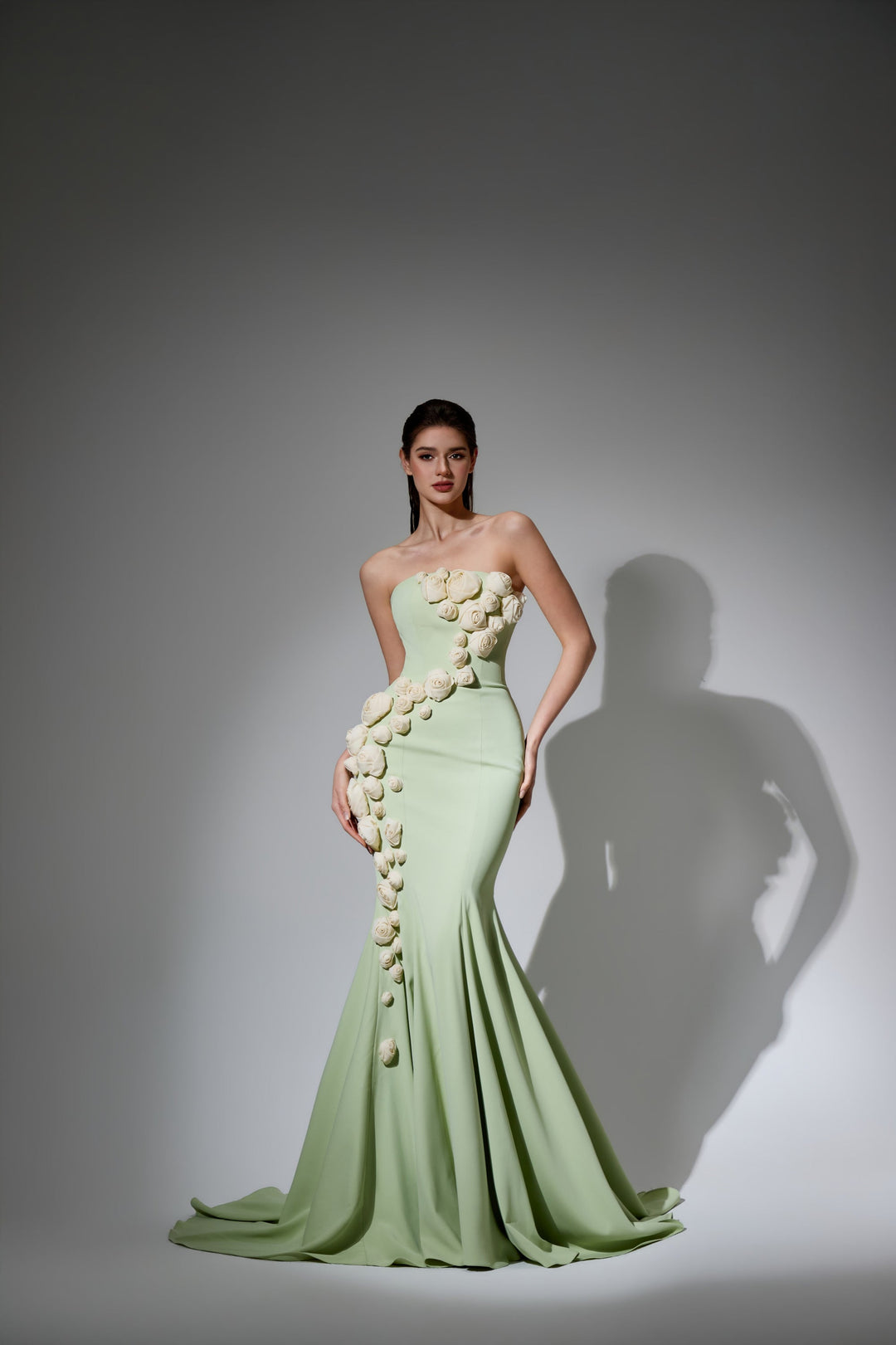 Delilah LD41004 Strapless Mermaid Gown with Cascading 3D Flowers - Mint front view