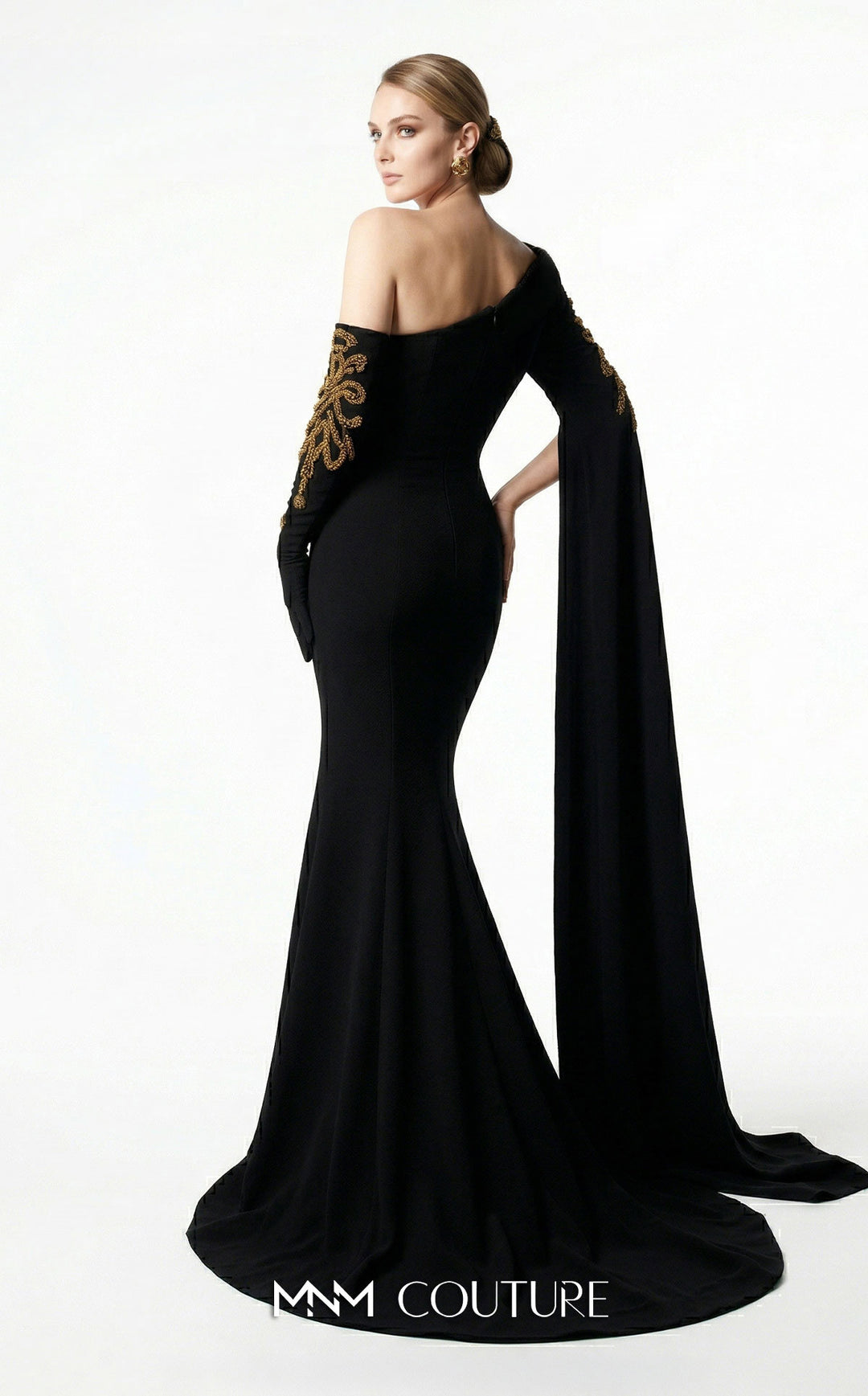 Fouad Sarkis 2606A Off-the-Shoulder Beaded Mermaid Evening Gown