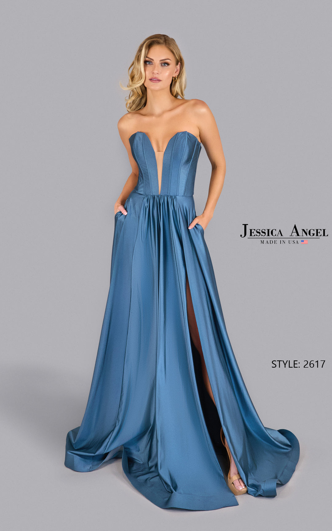 Jessica Angel 2617 strapless A-line gown front view