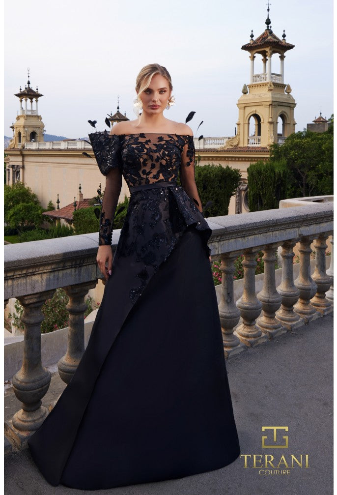 terani long sleeve dress Terani 261E6208 Long Formal Dress Black / 14