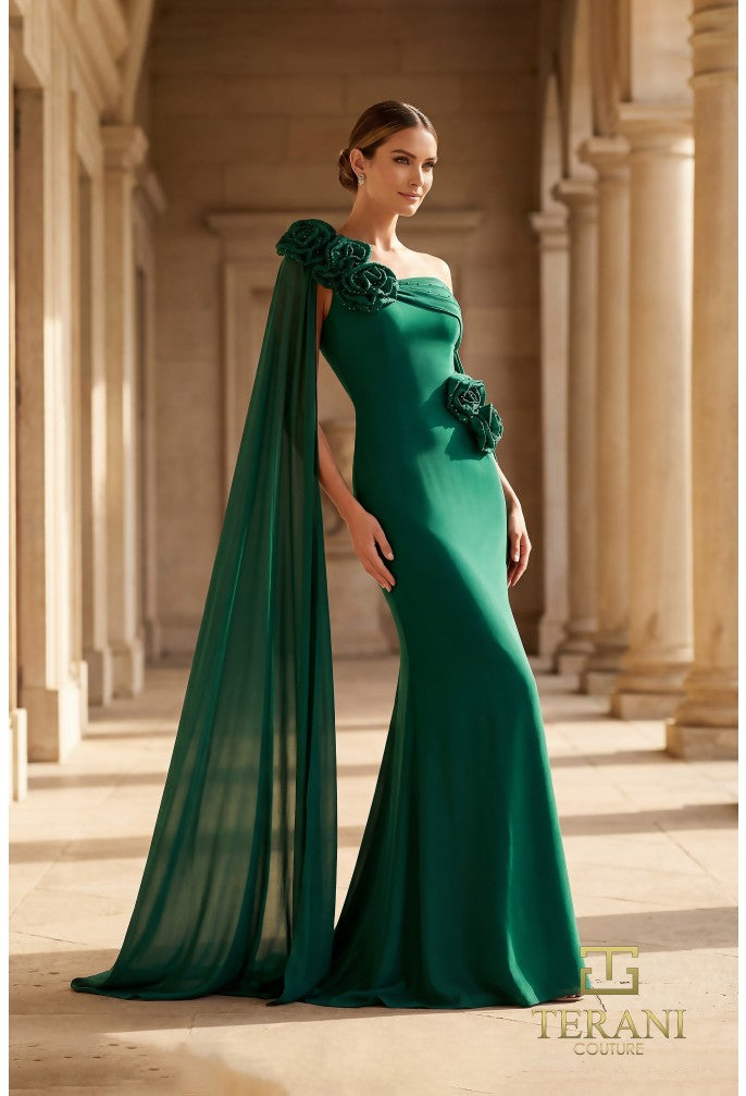off shoulder cape sleeve dress Applique Cape Sleeve Ball Gown by GLS Gloria GL3500 XL / Black/Champagne