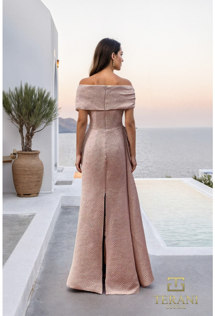 off shoulder cape sleeve dress Terani 261M6679 Long Formal Dress Amber / 12