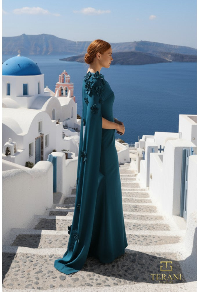 Terani Couture 261M6687 Mother of the Bride Long Formal Cape Dress - DARK GREEN / 10 Terani Couture 261M6687 Mother of the Bride Long Formal Cape Dress - DARK GREEN / 10