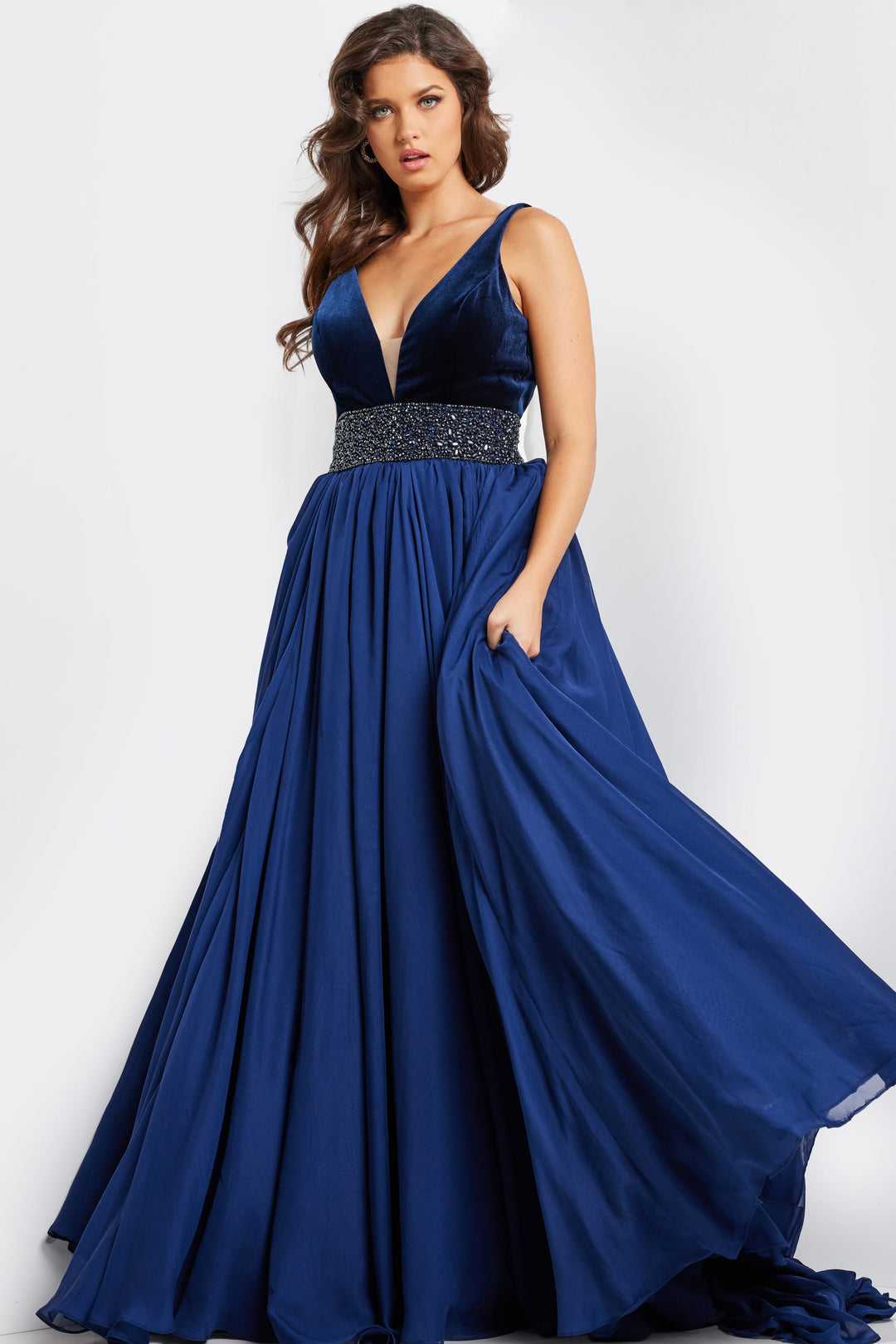 Jovani 26201 Embellished Belt V Neck Gown