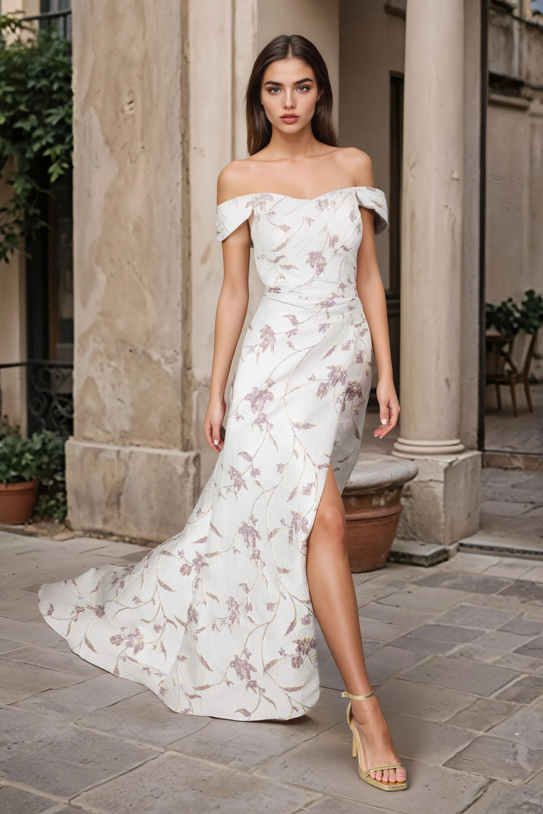 janique cocktail dresses Janique - 1939 Off-Shoulder Metallic Cocktail Dress 4 / Silver*