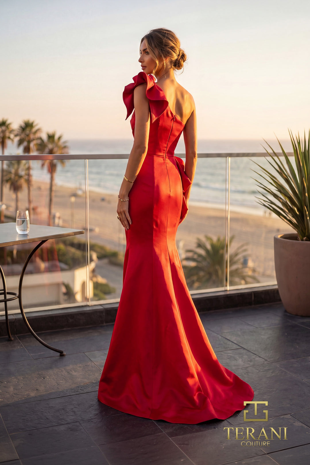 terani one shoulder dress Terani 242M3342 One Shoulder Flowers Appliques Fitted Gown Emerald Green / 8