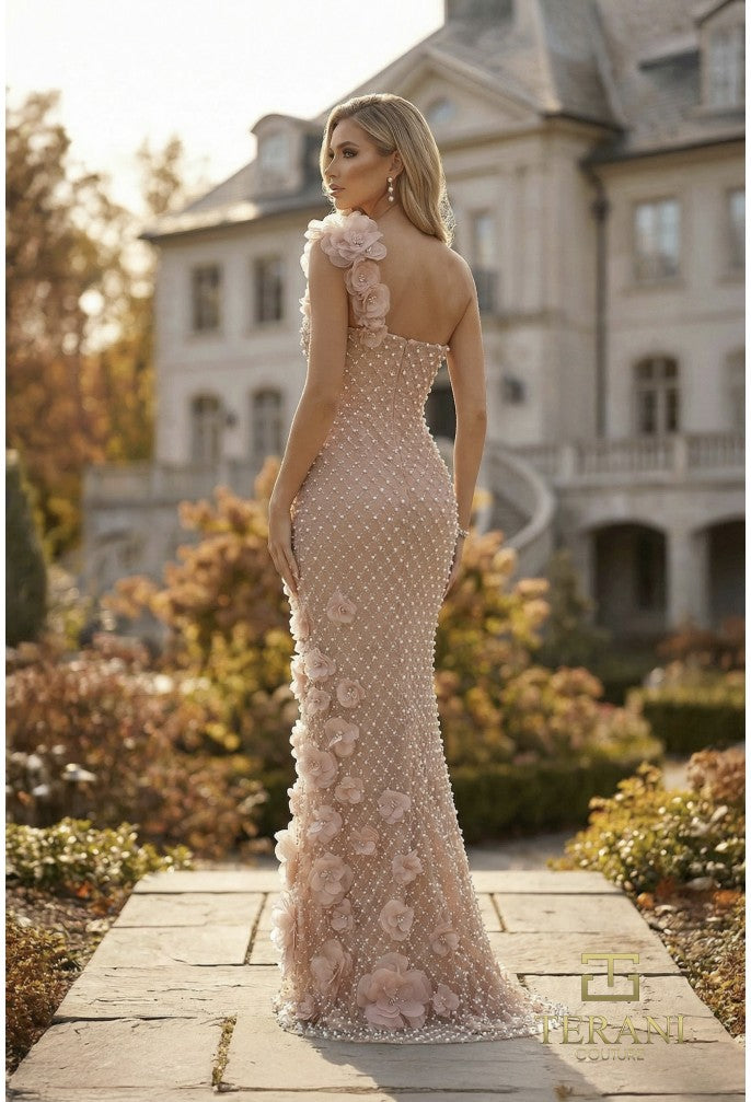 Terani 262GL7152 One-Shoulder Sleeveless Structured Sheath Dress, BLUSH-NUDE / 2