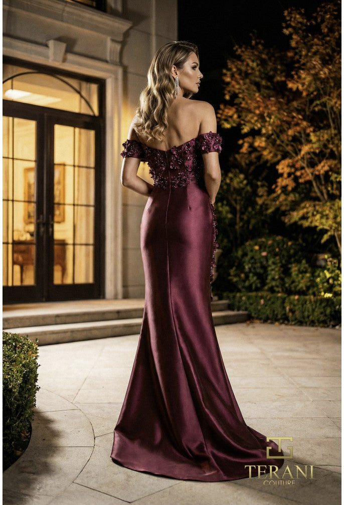 Terani 262M7254 Asymmetrical Sweetheart Off-Shoulder Cap Sleeve Corset Dress