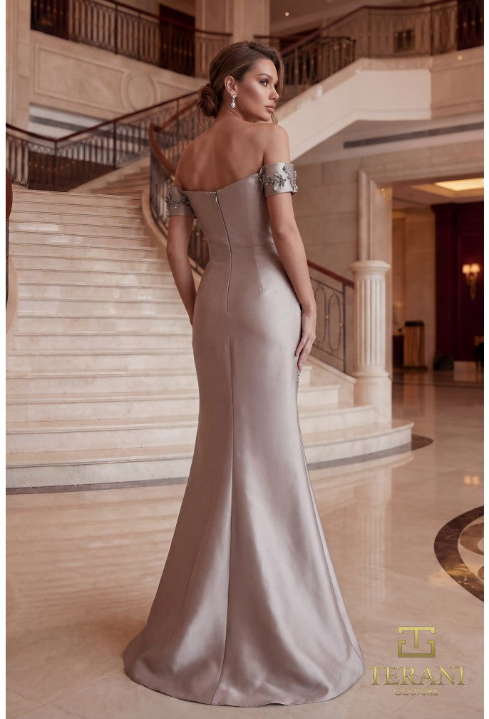 Terani 262M7254 Asymmetrical Sweetheart Off-Shoulder Corset Dress WINE / 6