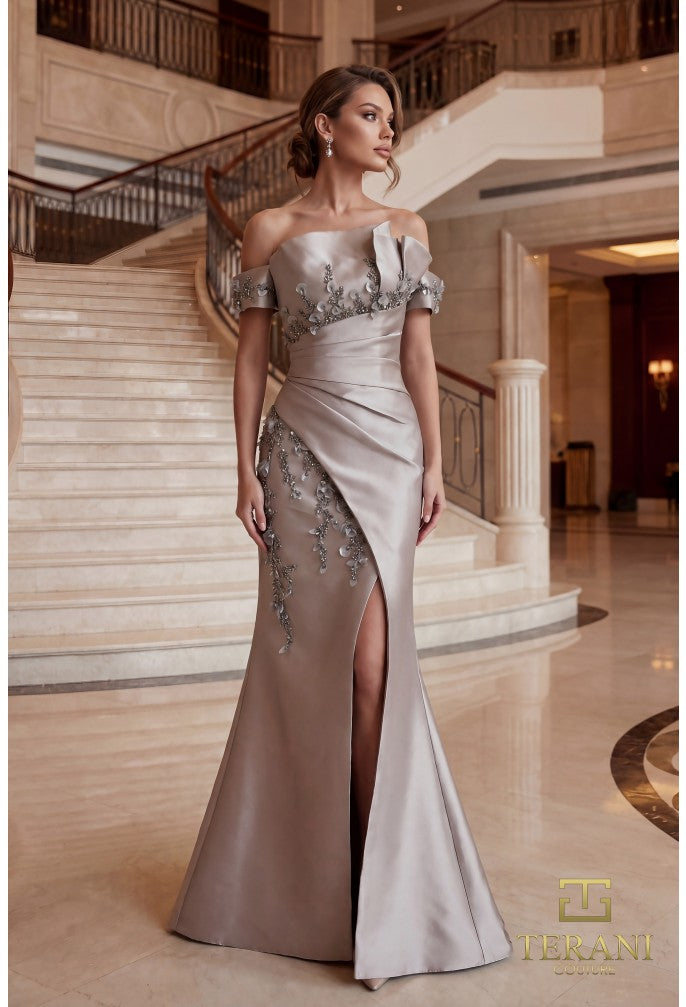Terani Couture Off-The-Shoulder Rose Applique Trim Gown, Womens, 6, Wine