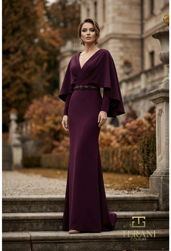 Terani 262M7295 V-Neck Long Sleeve Caped Dress