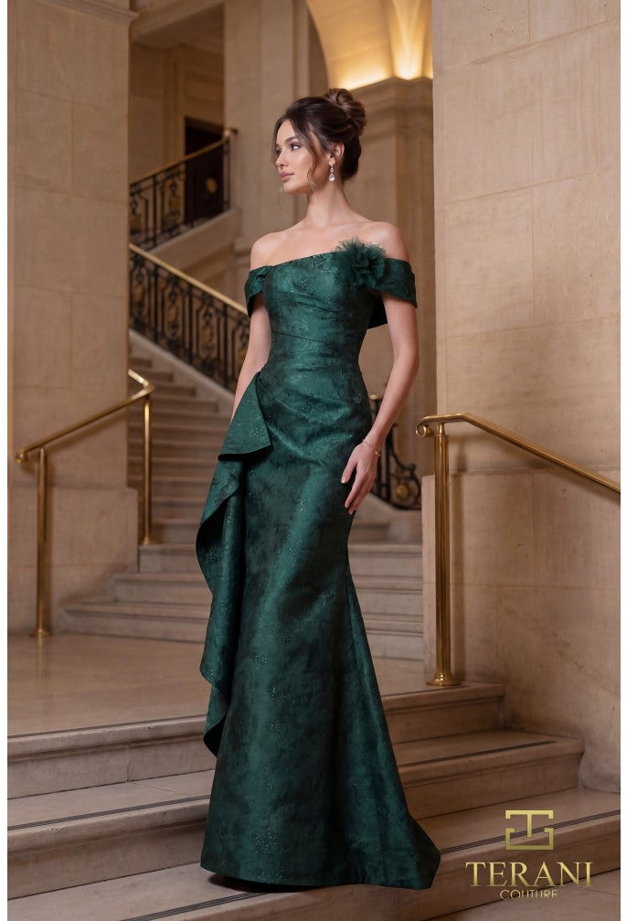 Terani 262M7298 Off-the-Shoulder Cap Sleeve Fit-and-Flare Dress, EVERGREEN / 20