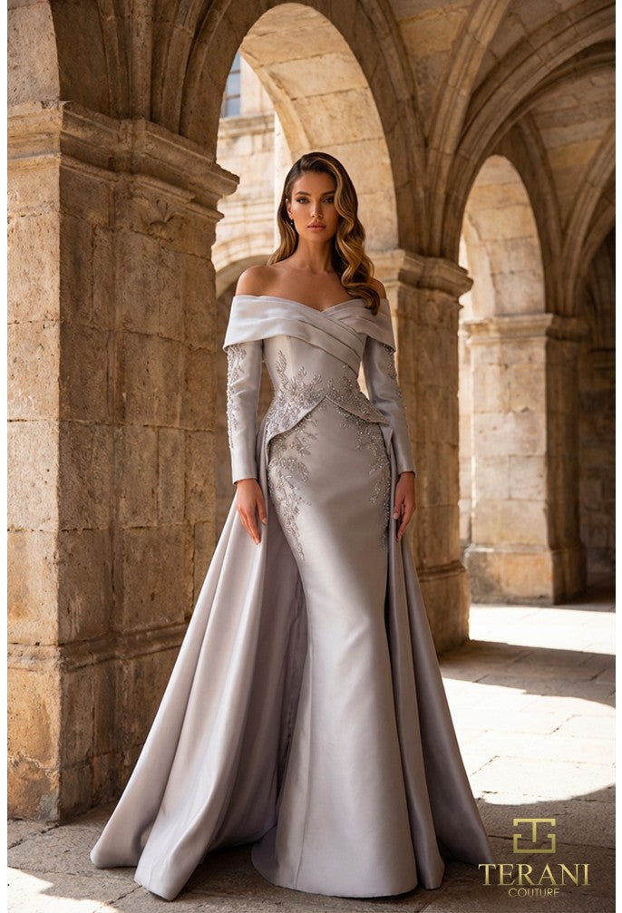 Terani 262M7315 Off-the-Shoulder Long Sleeve Structured Dress