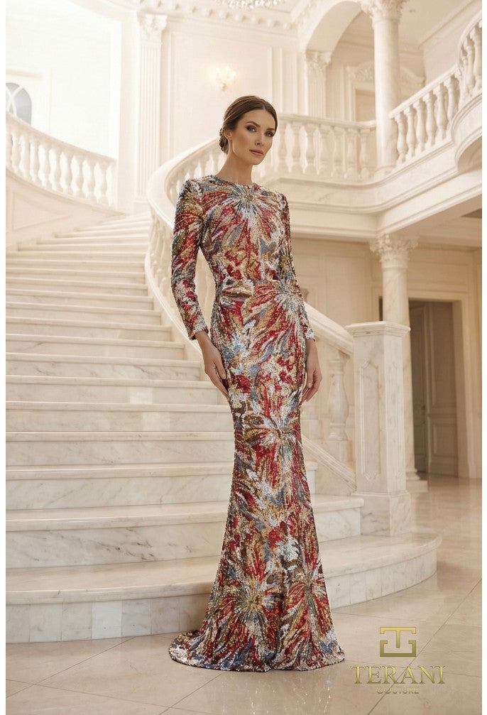 Terani 262M7320 High Jewel Neckline Long Sleeve Fit-and-Flare Dress