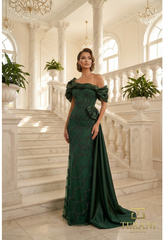 Terani 262M7321 Off-the-Shoulder Puff Sleeve Sheath Dress