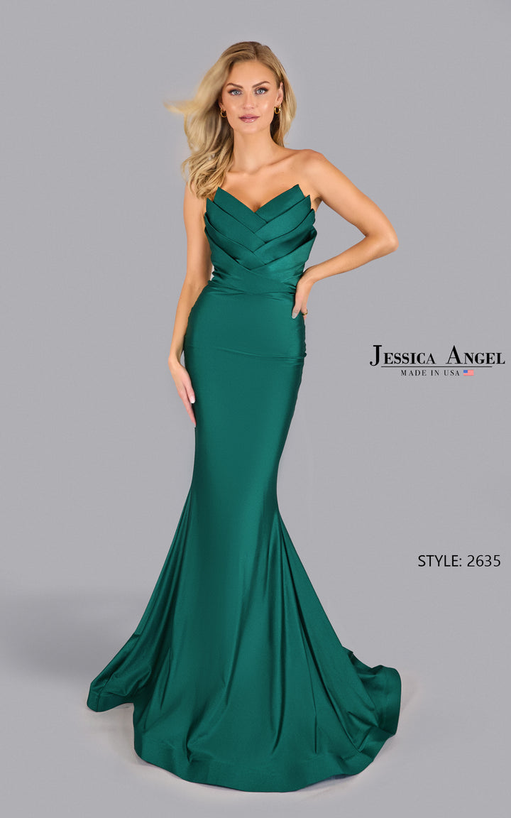 Jessica Angel 2635 chevron pleat mermaid gown front view 4