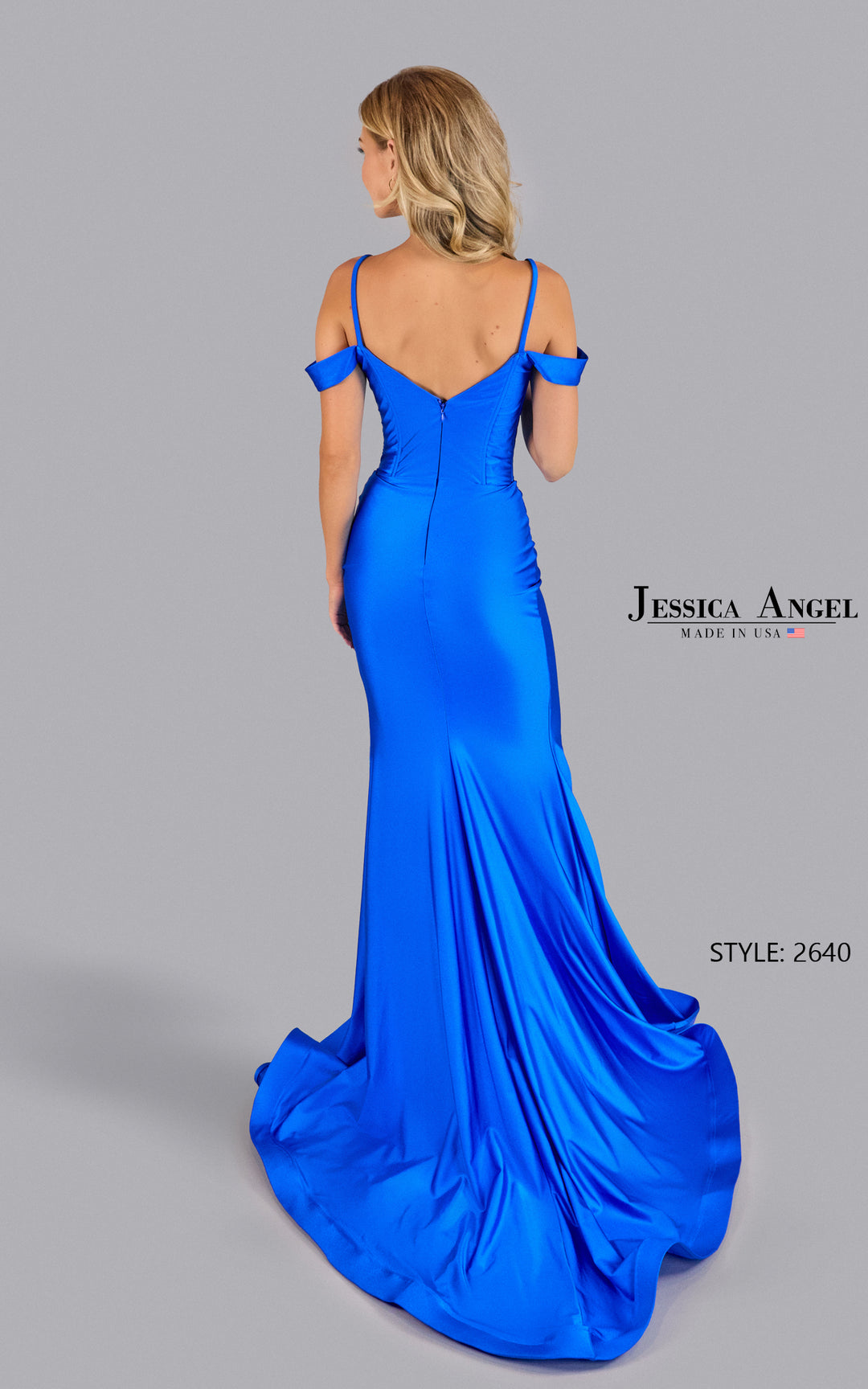 Jessica Angel 2640 off-shoulder band gown back view