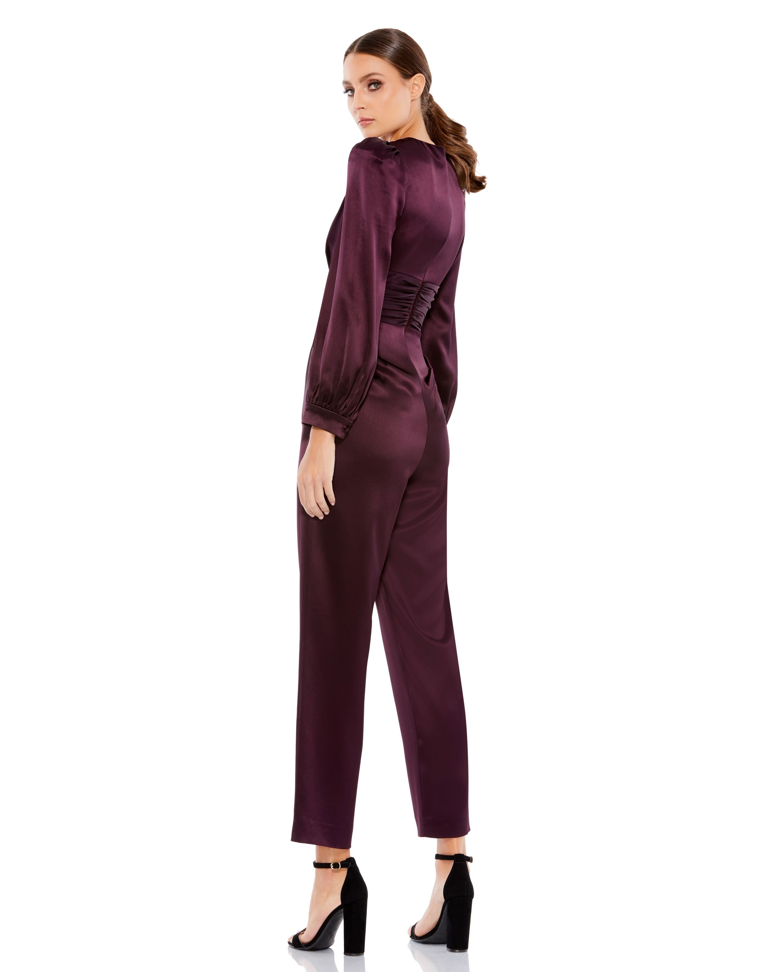 NWT Ieena Mac Duggal Long Sleeve Ruched Plunging Neck Jumpsuit in Plum, size 14 2024