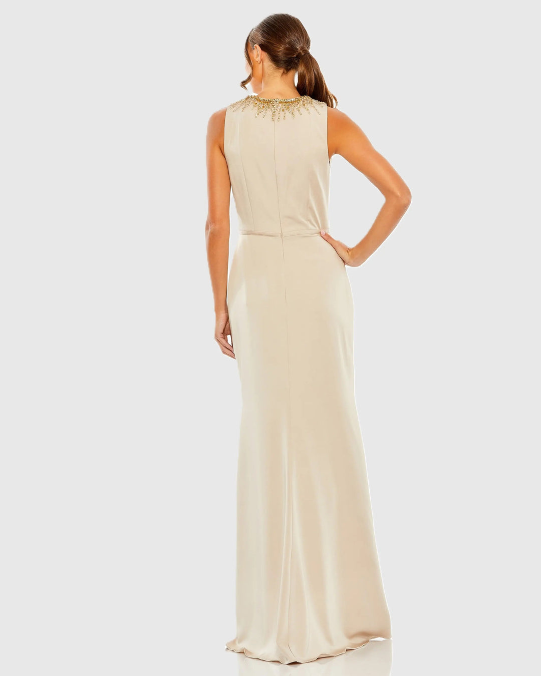 Beige High Neck Rhinestone Column Gown With Slit - FOSTANI.com