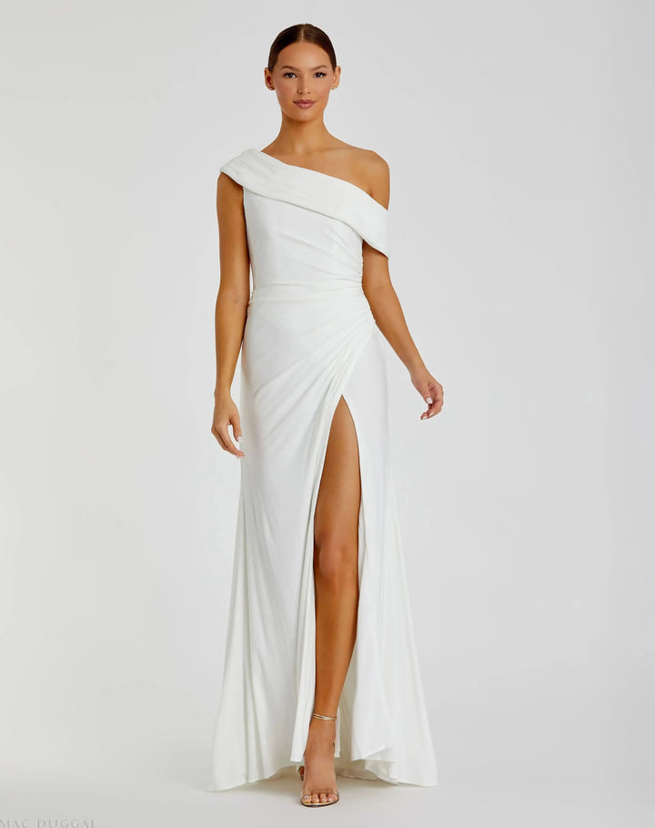 Mac Duggal 26517 White Foldover Off-the-Shoulder Slit Gown