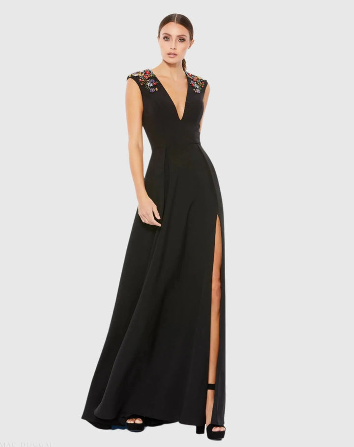 Mac Duggal 26540 Beaded Cap Sleeve V Neck A Line Gown
