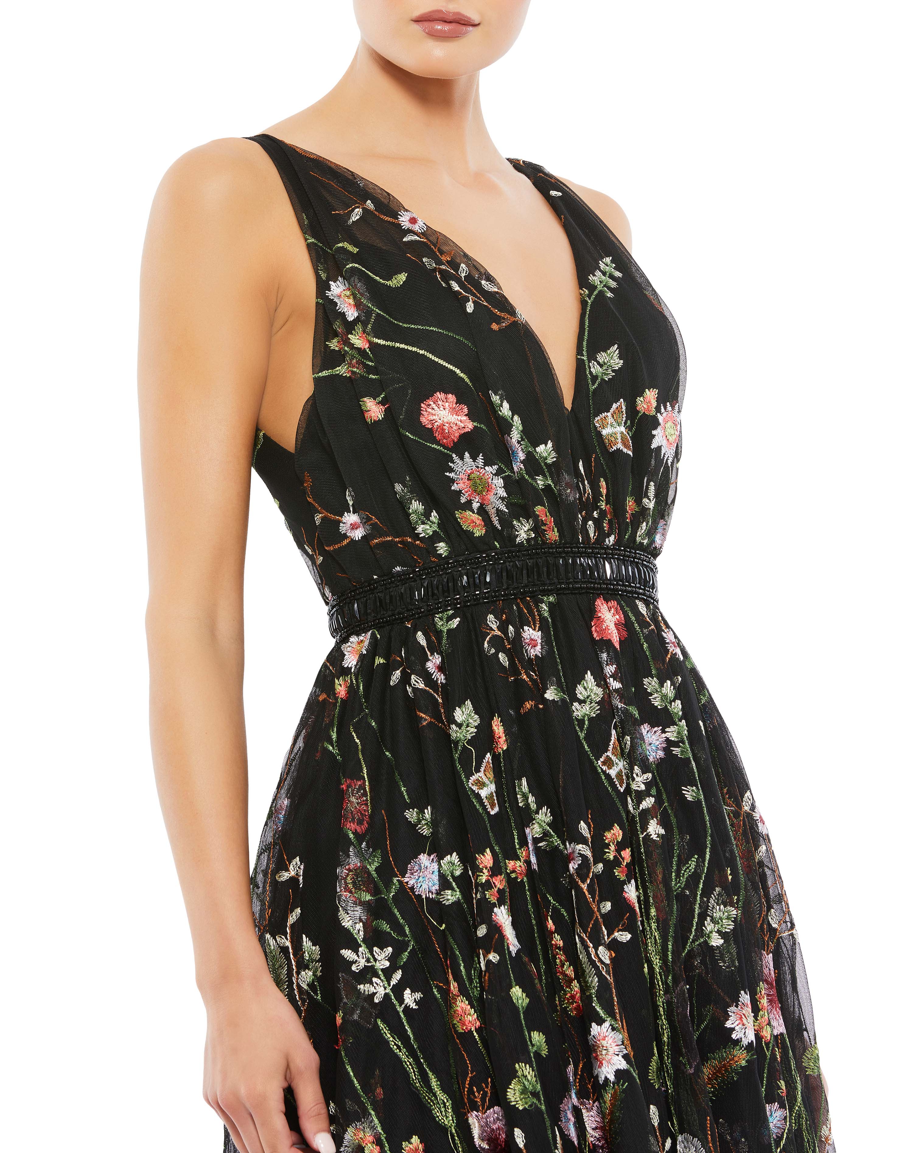 Mac Duggal Floral Embroidered Midi Dress