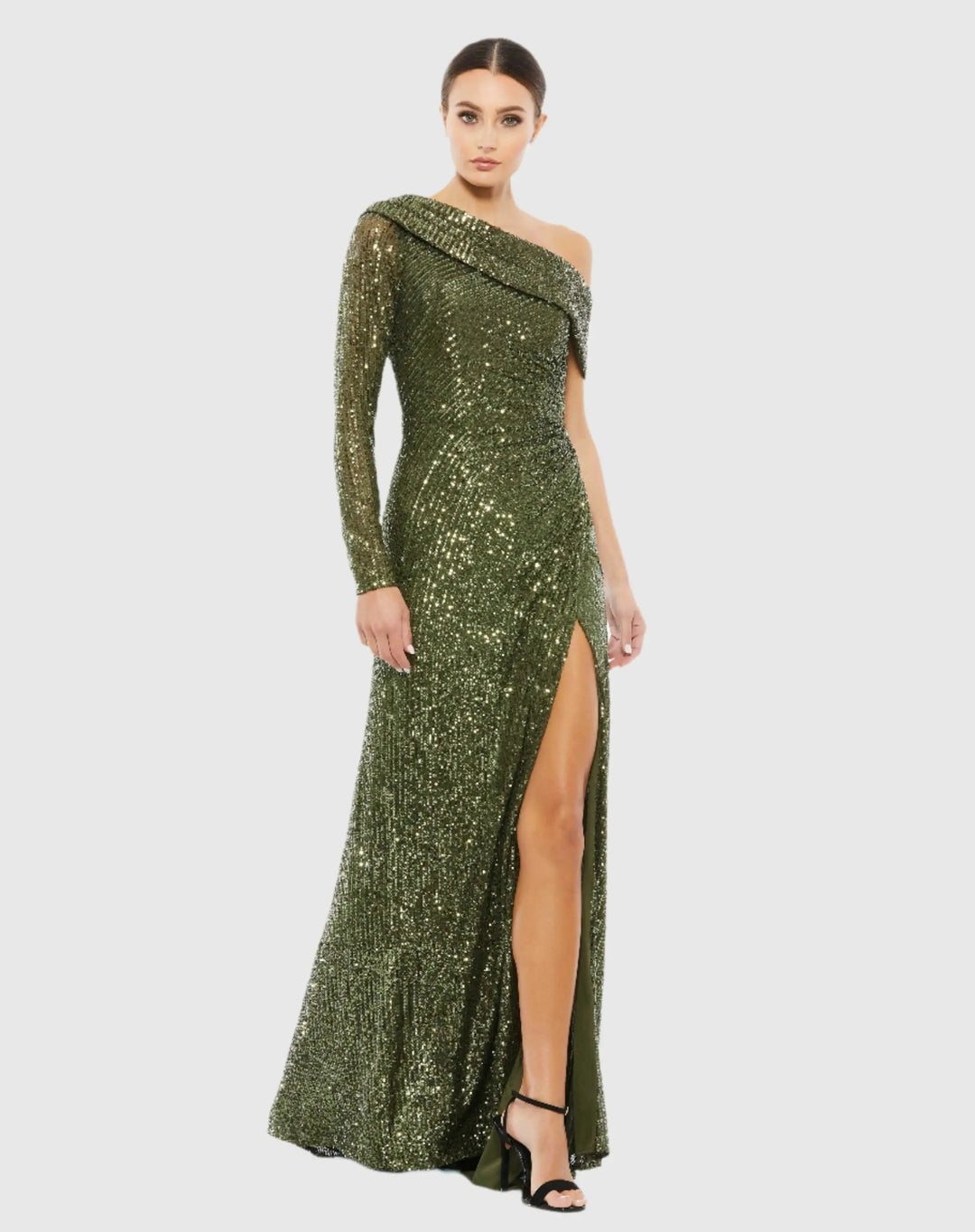 Mac Duggal 26571 Sequined Drop Shoulder Faux Wrap Gown
