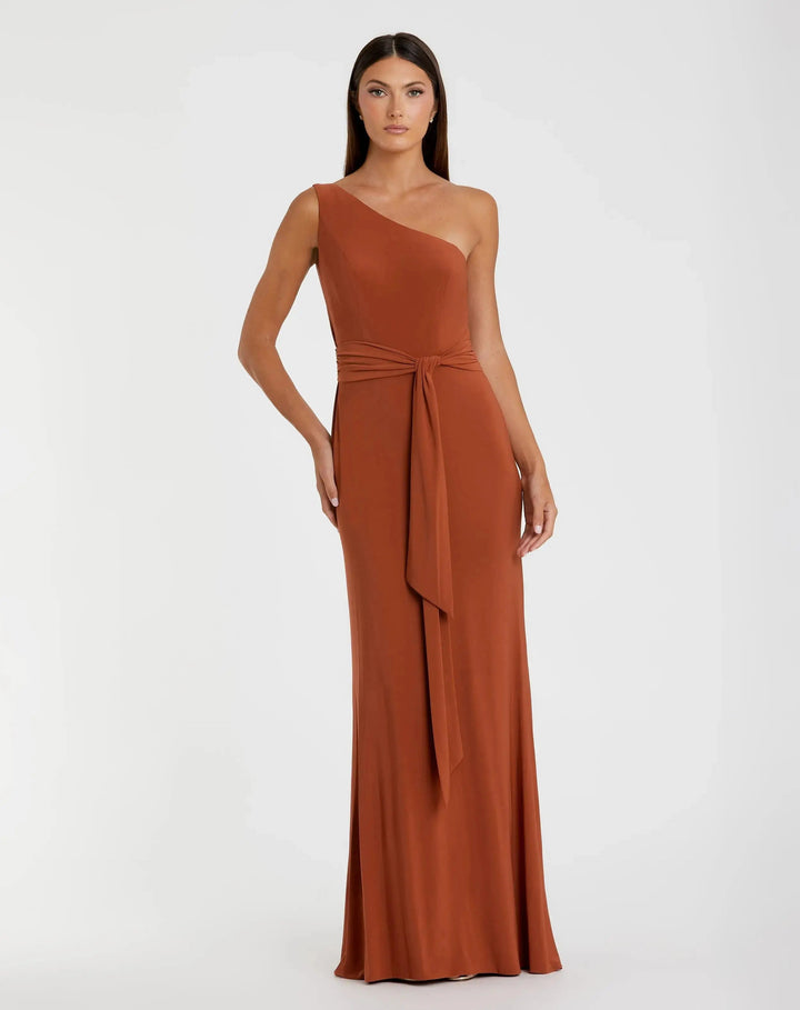 Mac Duggal 26581 Jersey One Shoulder Belted Trumpet Gown